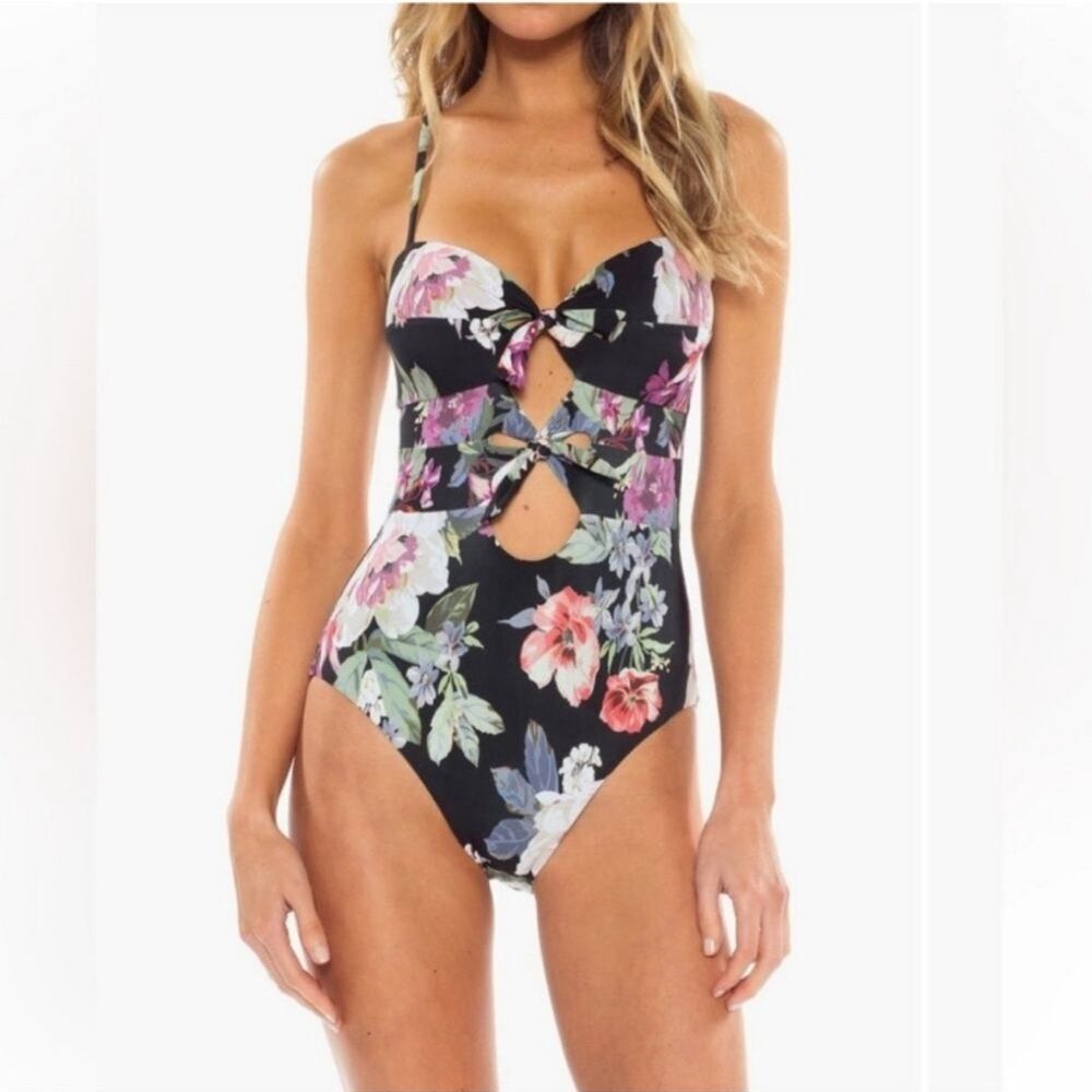 Becca Spring Fling Black Floral Cutout Swimsuit Large
